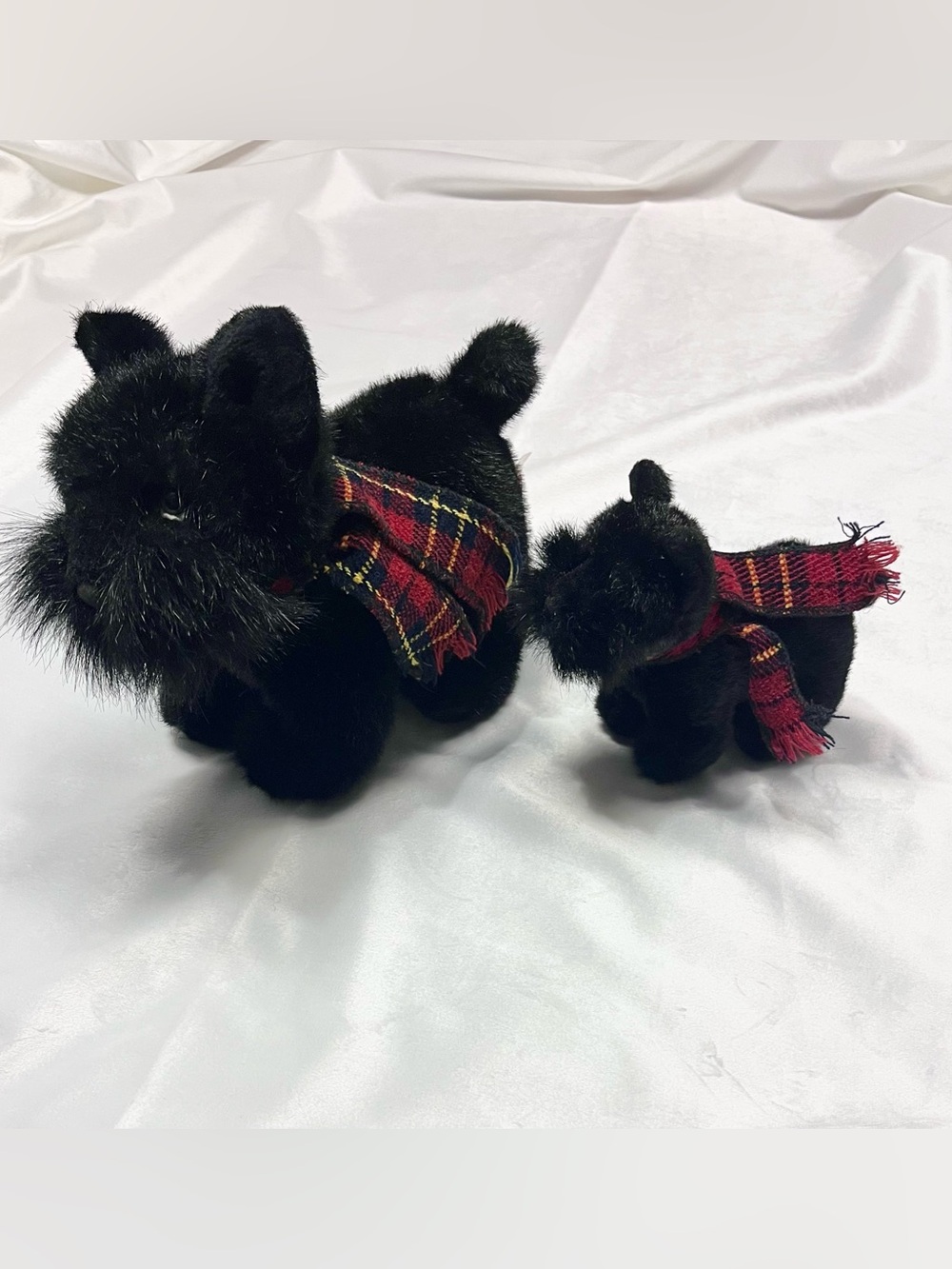 Russ Berrie Shadow Black Scottie Dog & Puppy Plush Pair with Plaid Scarves